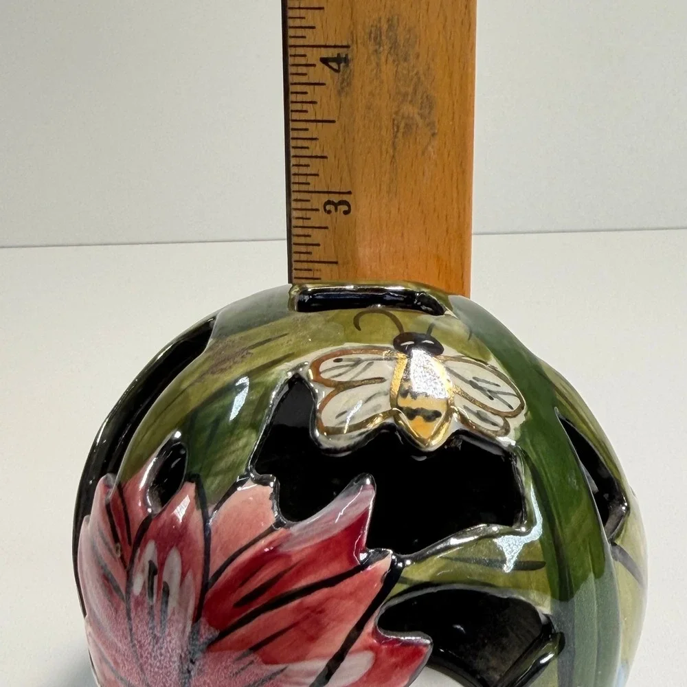 Handmade Ceramic Tea‎ Light Dome Floral Honey Bee Nature Hand Painted 2